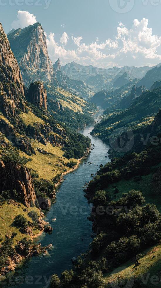 Scenic landscape view of a winding river surrounded by mountains in daylight photo