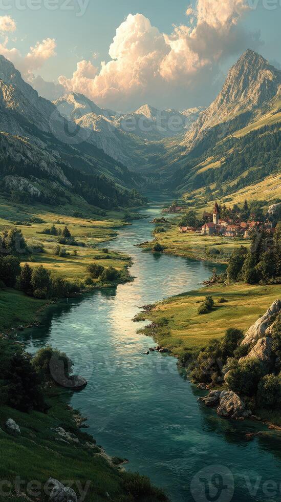 Stunning view of a serene river flowing through mountains near a quaint village at sunset in a picturesque valley photo