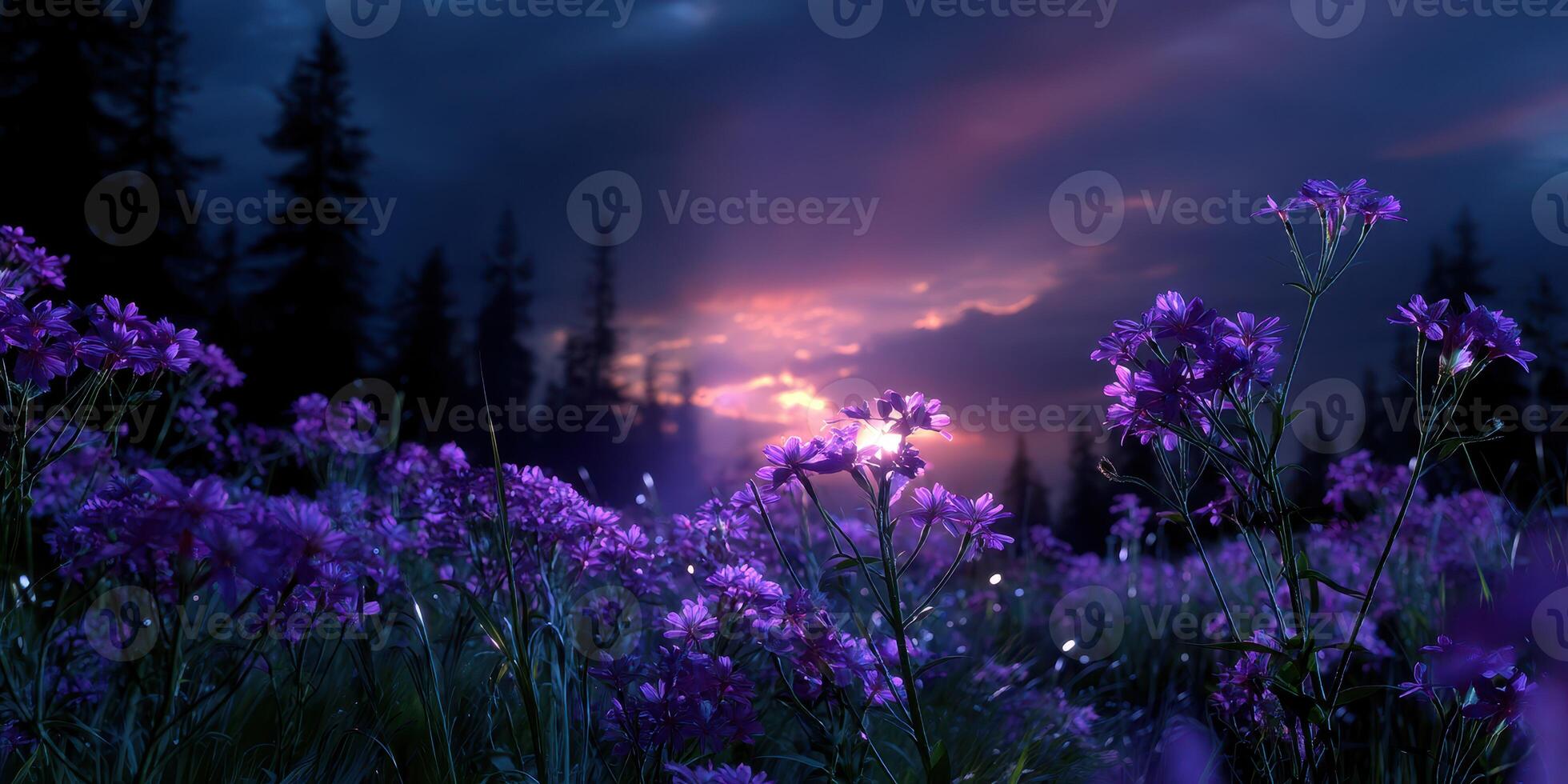 Vibrant purple flowers bloom in a serene field at sunset with a dramatic sky and silhouetted trees in the background photo