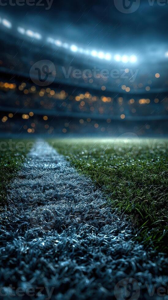 Rainy football match takes place at a dimly lit stadium with vibrant floodlights illuminating the field photo