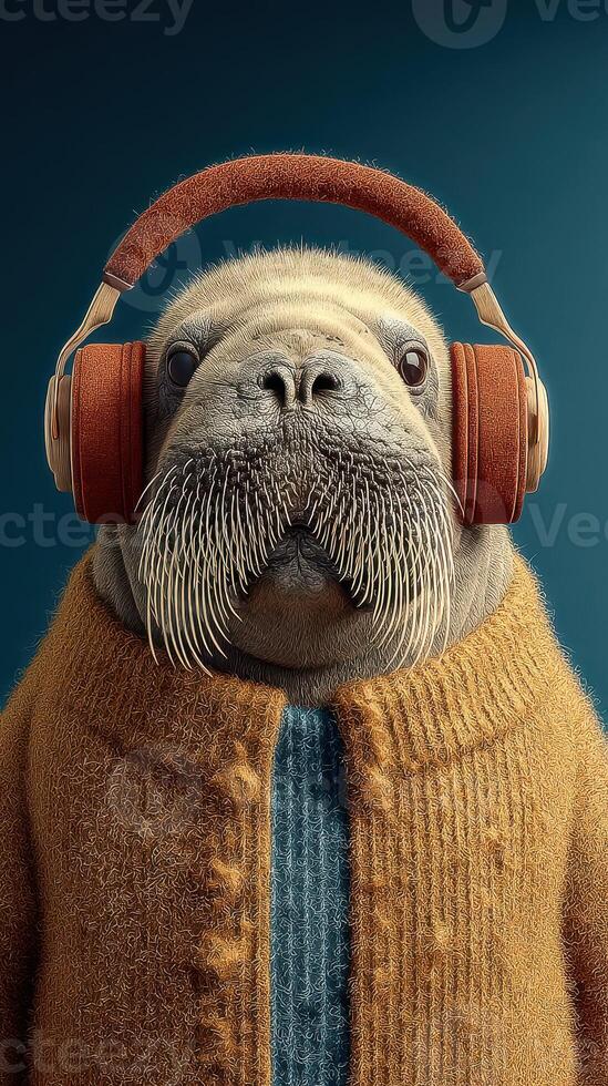 Walrus wearing headphones and a cozy sweater, enjoying music in a warm indoor setting photo