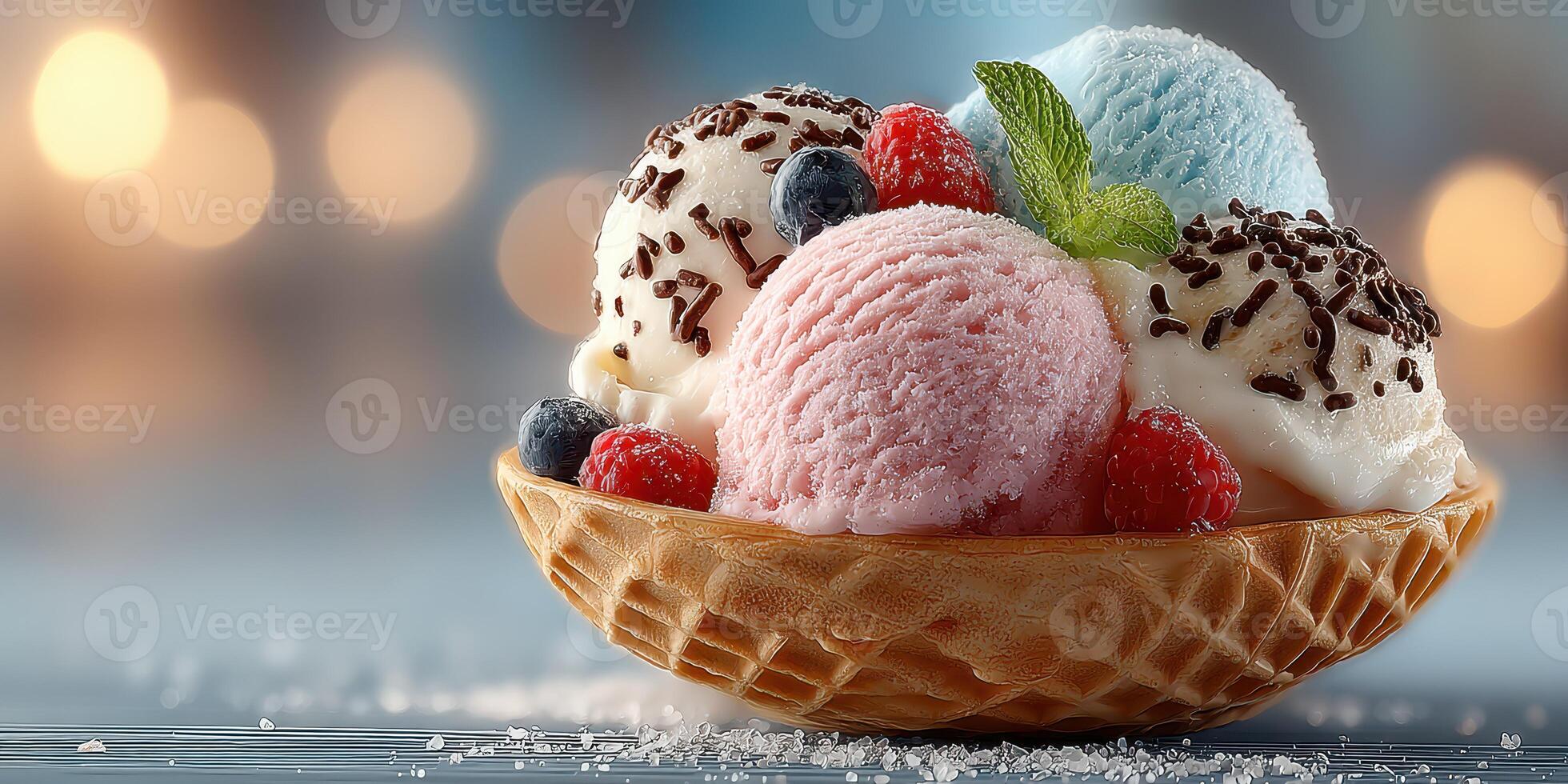 Colorful ice cream sundae served in a waffle bowl with fresh berries and mint leaves against a softly lit backdrop photo