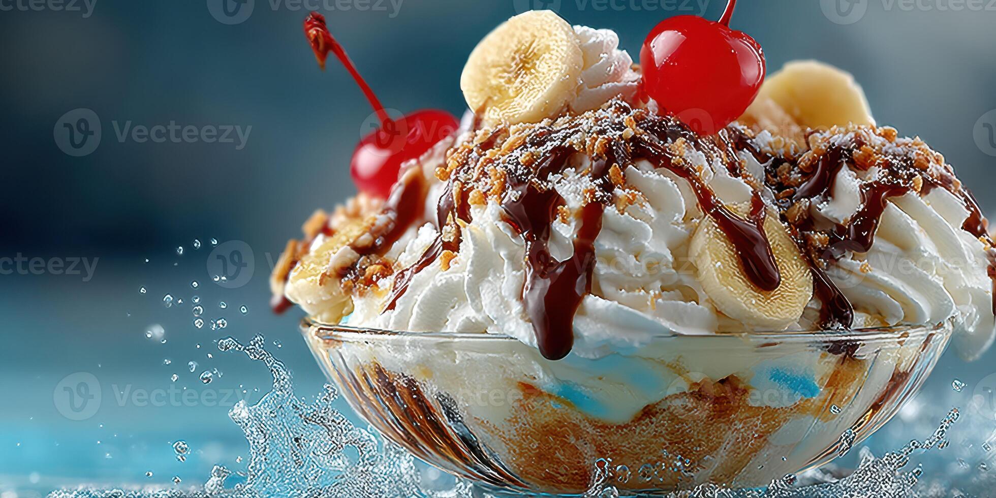 Delicious sundae topped with cherries and bananas served on a bright blue background photo