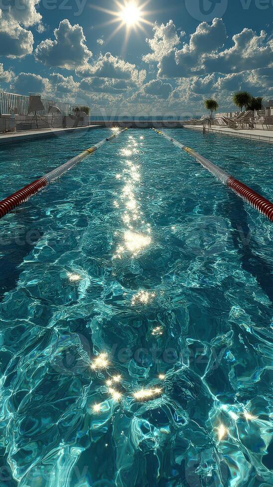 Bright sun reflects on a serene swimming pool during midday at a leisure facility photo
