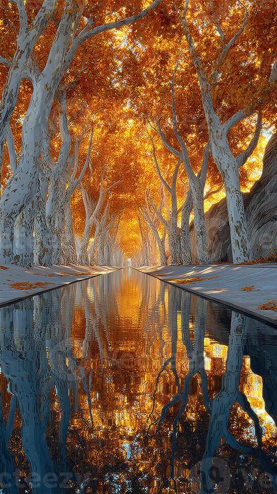 Stunning autumn pathway with bright orange leaves reflecting on tranquil water photo