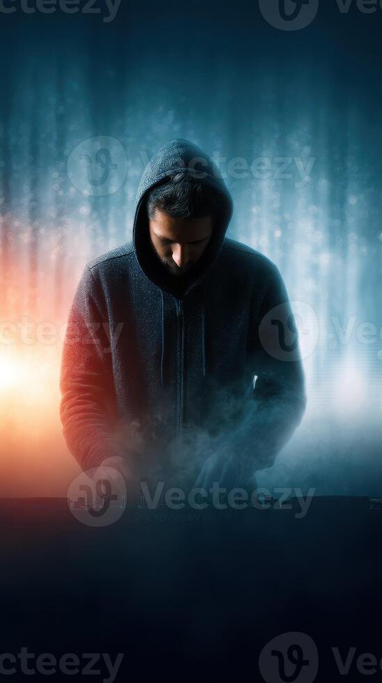 Dynamic performance by electronic music artist in a vibrant, illuminated studio during nighttime session photo