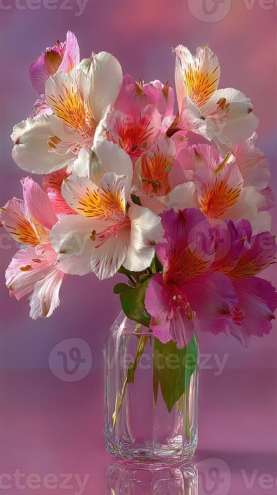 Colorful bouquet of pink and white flowers arranged in a clear glass jar on a softly blurred background photo