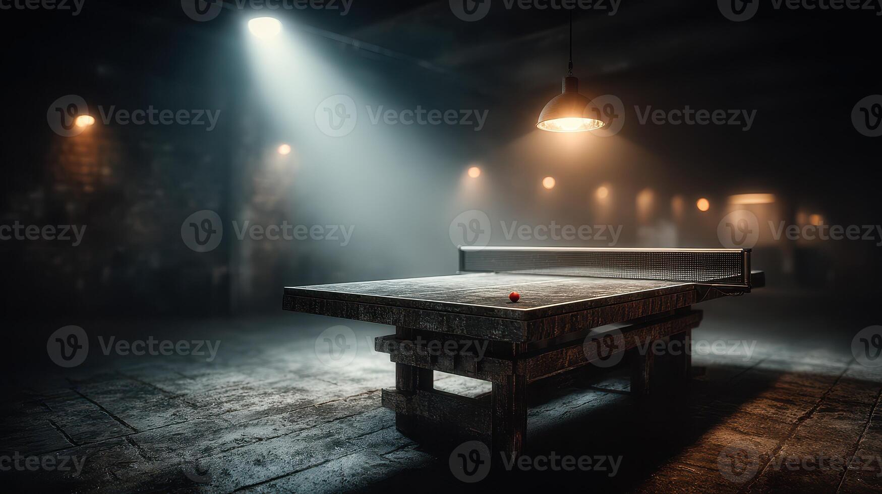 Ping pong table illuminated in a dimly lit room with hints of industrial design and a lone ball resting on the surface photo