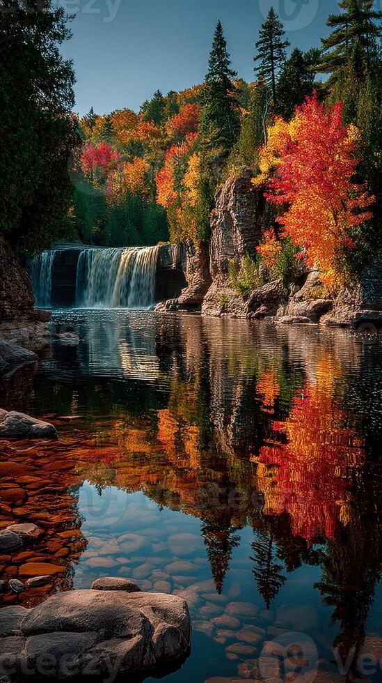 Autumn colors reflected in tranquil lake with waterfall and vibrant foliage in serene natural landscape photo