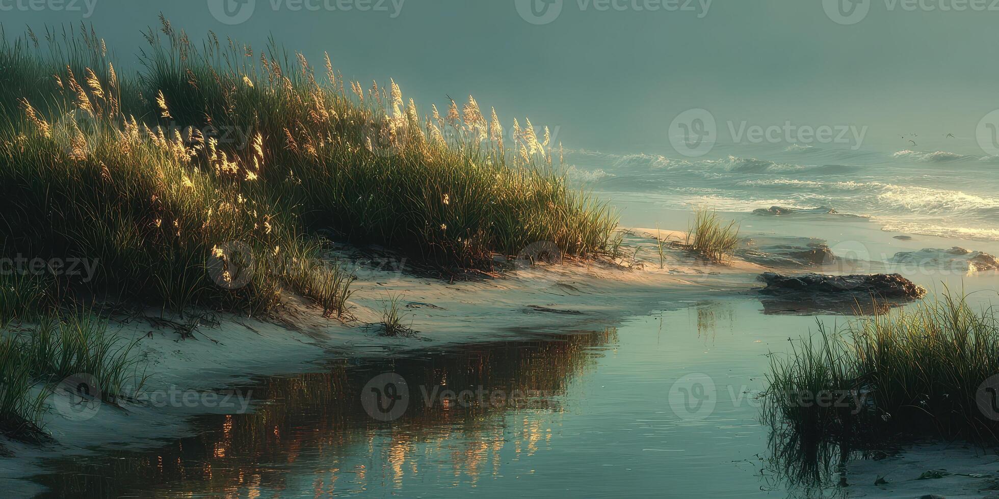 Tranquil waterway at dawn with lush grass and gentle waves along the shoreline photo