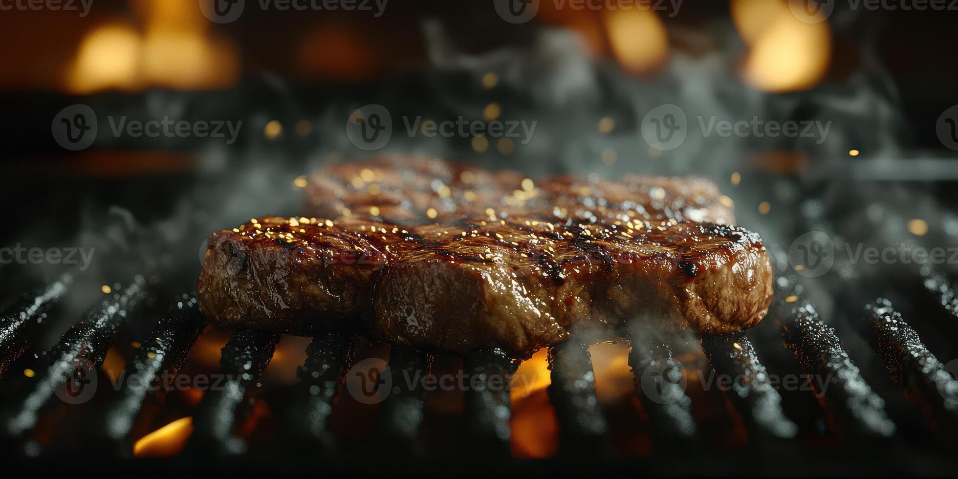 Grilling juicy steaks over open flame in a backyard barbecue during a summer evening photo