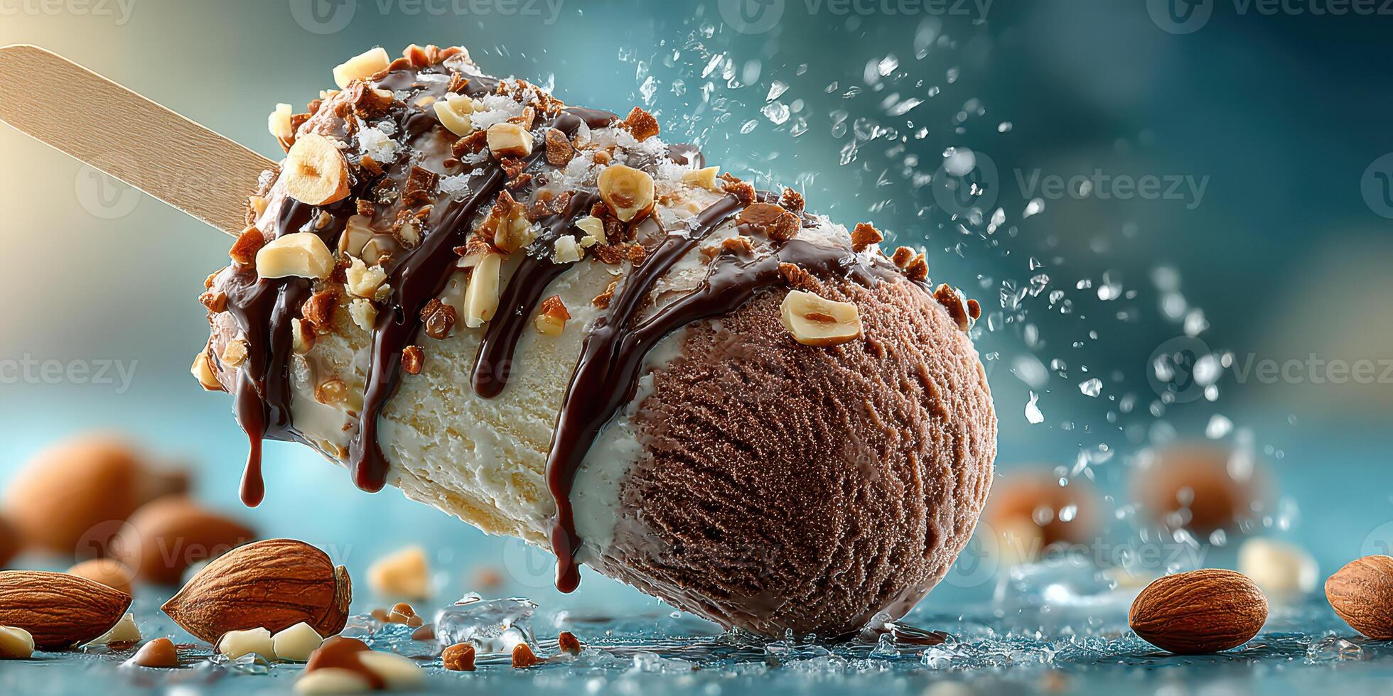Delicious ice cream treat topped with chocolate and nuts on a colorful background photo