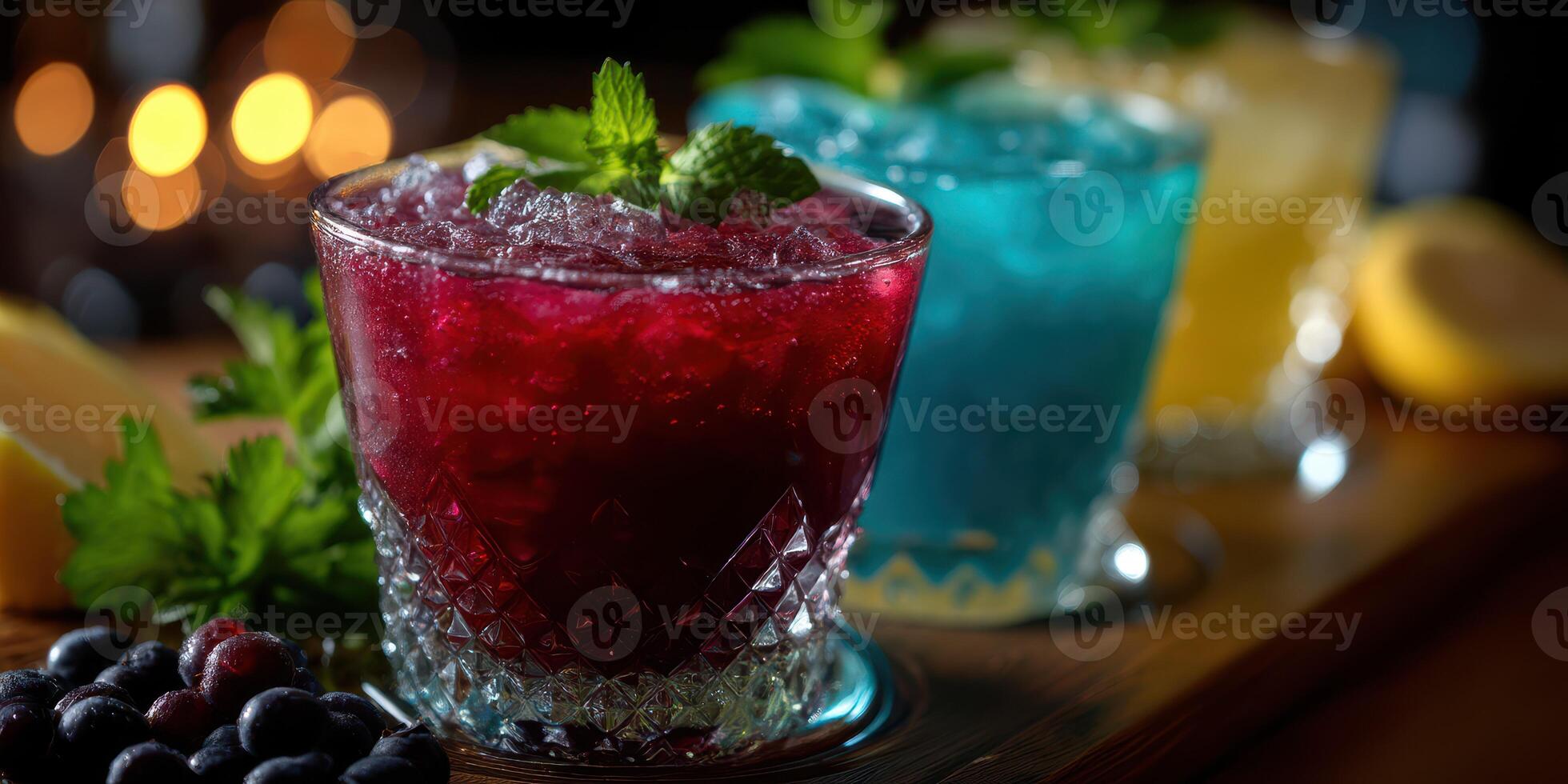 Colorful cocktails served on a wooden platter at a lively evening gathering with friends photo