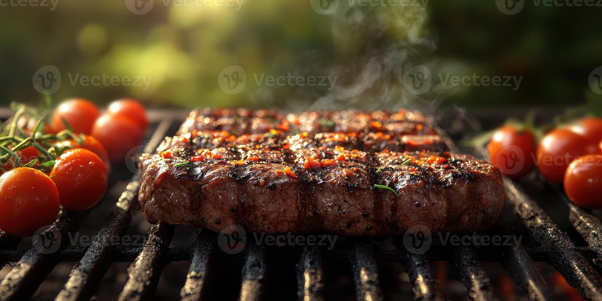 Juicy grilled steak with cherry tomatoes cooking on a barbecue under the warm afternoon sun photo