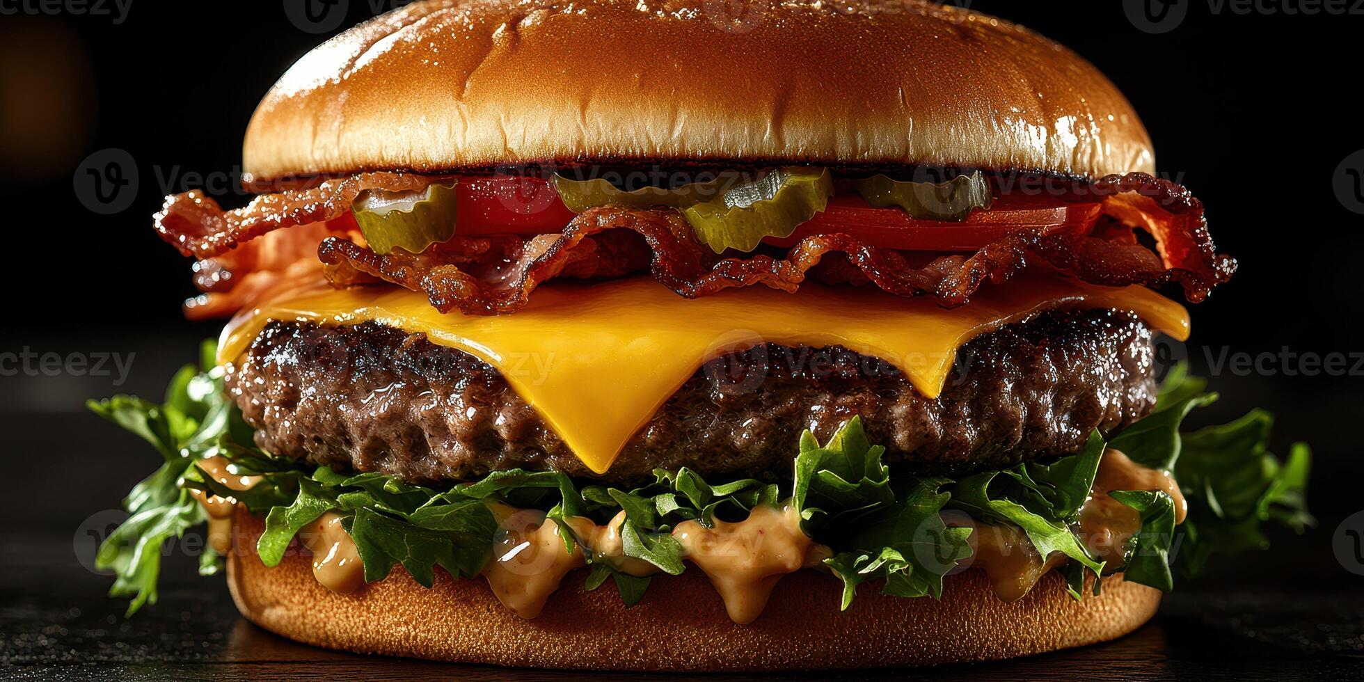Juicy cheeseburger with crispy bacon and fresh toppings served on a toasted bun photo