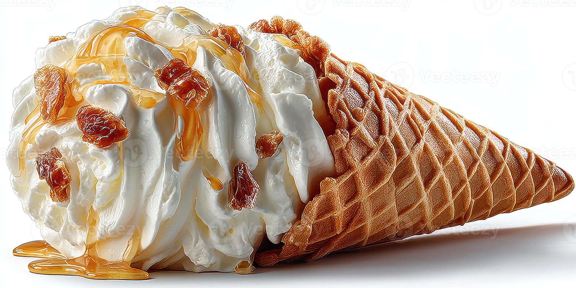 Creamy ice cream topped with caramel and nuts in a waffle cone served during a warm summer afternoon photo