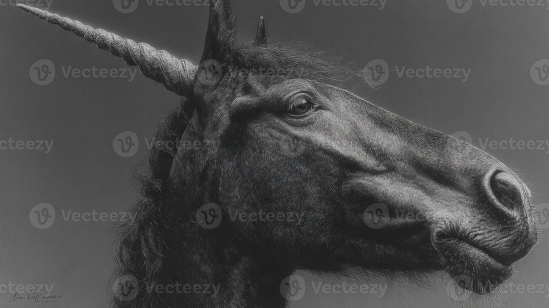 Black unicorn portrait capturing mythical elegance in a dramatic monochrome setting photo