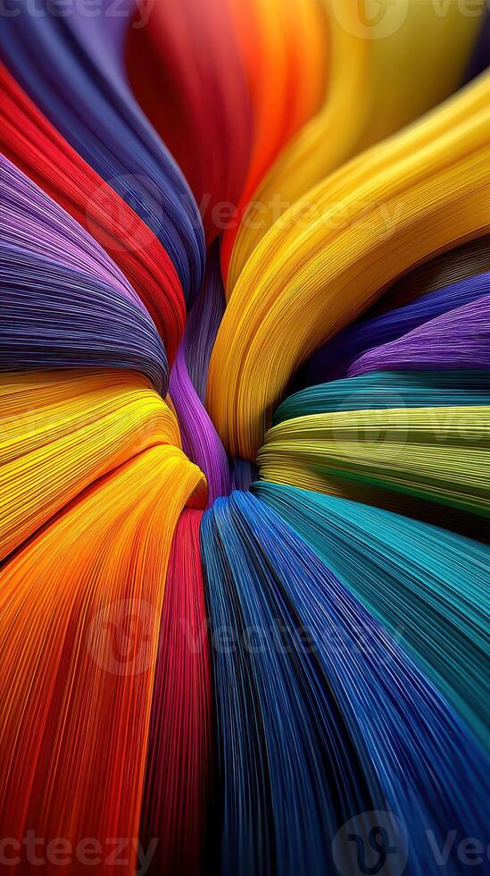 Vibrant strands of colorful materials twist and flow in striking patterns with rich texture photo