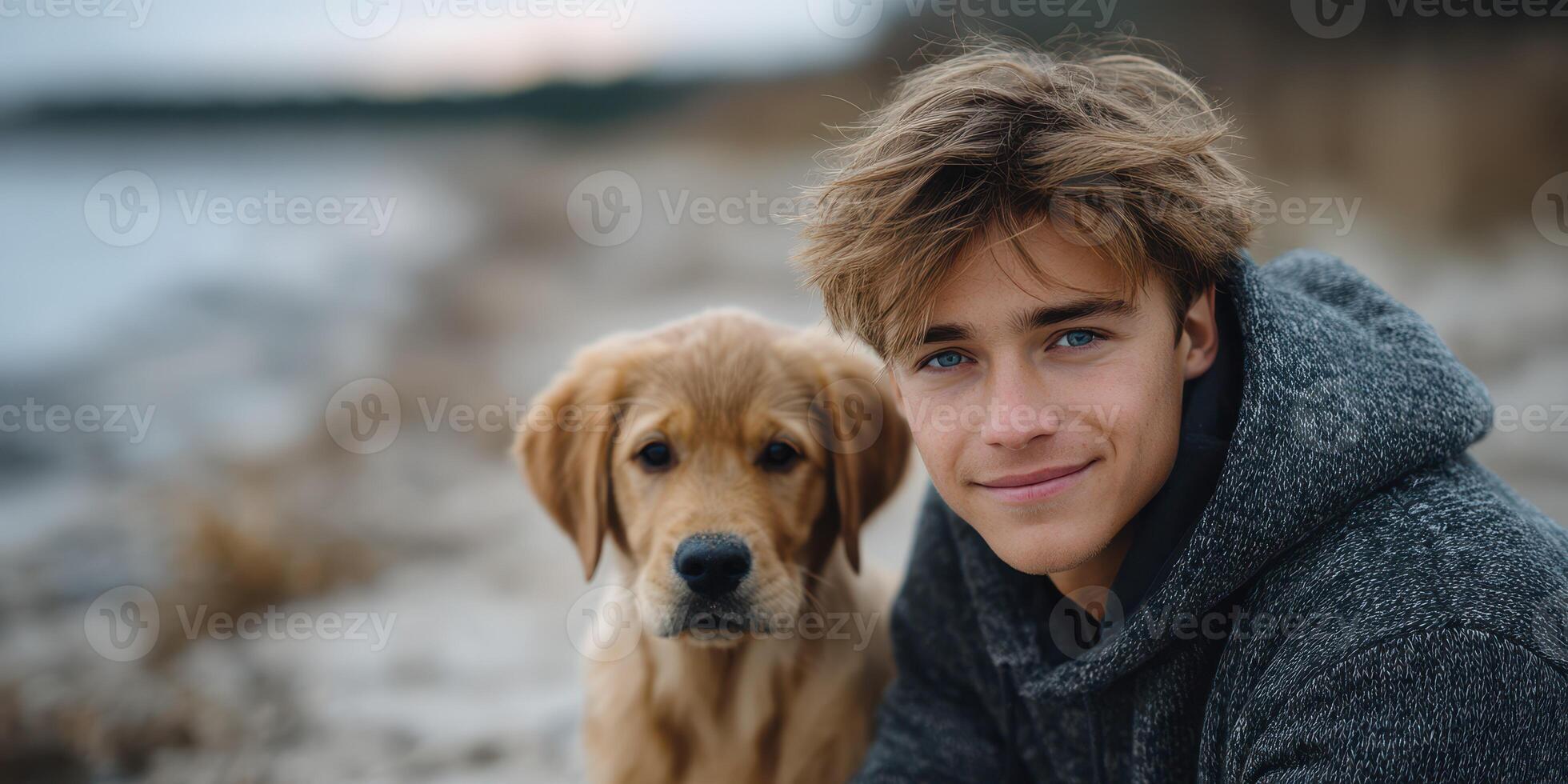 Young man smiles beside his golden retriever puppy at a beach during sunset on a calm afternoon photo