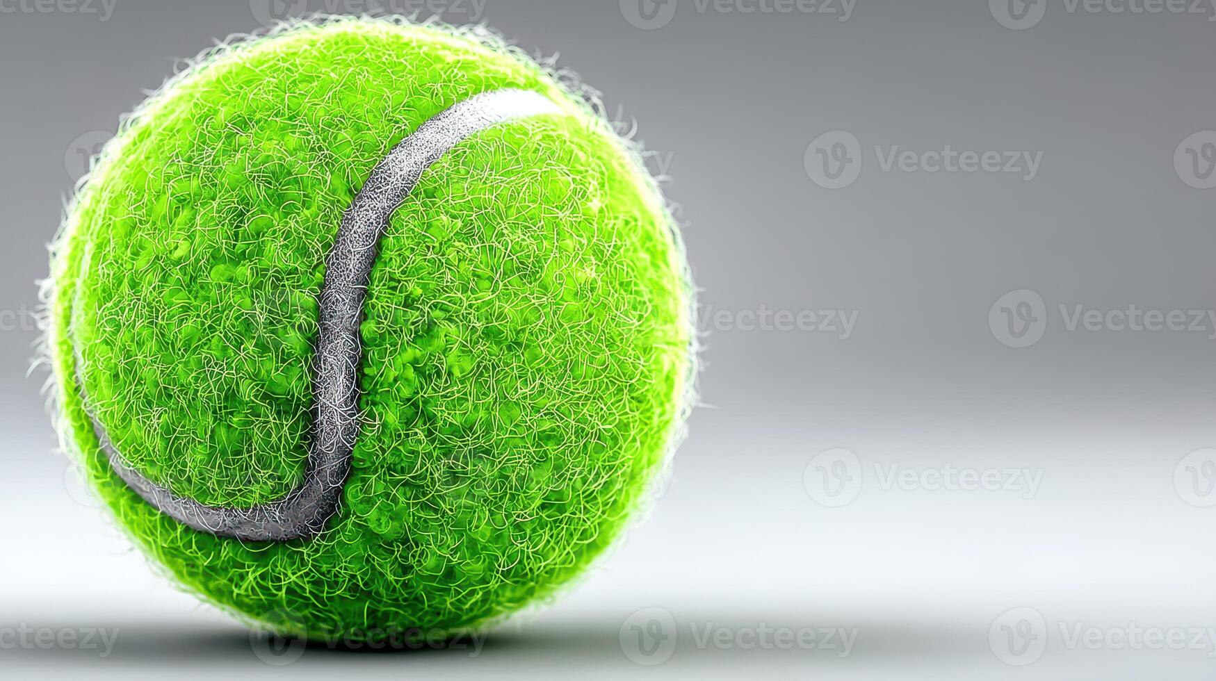 Bright green tennis ball resting on a smooth surface, highlighting its texture and vibrant color in a studio setting photo