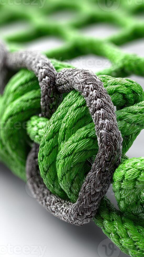 Detailed view of intertwined green and gray ropes forming a strong knot on a textured pattern background photo