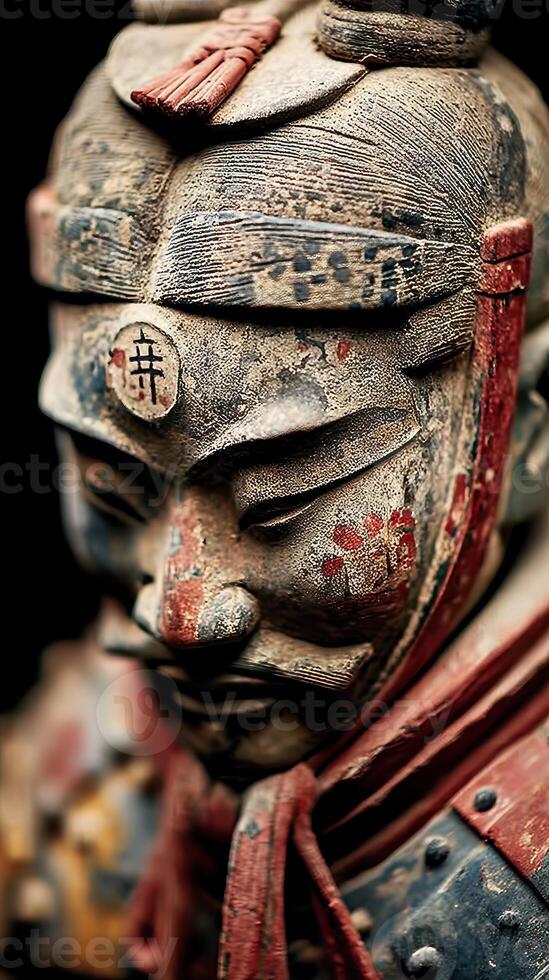 Ancient warrior statue with intricate details in traditional attire from historical dynasty era photo