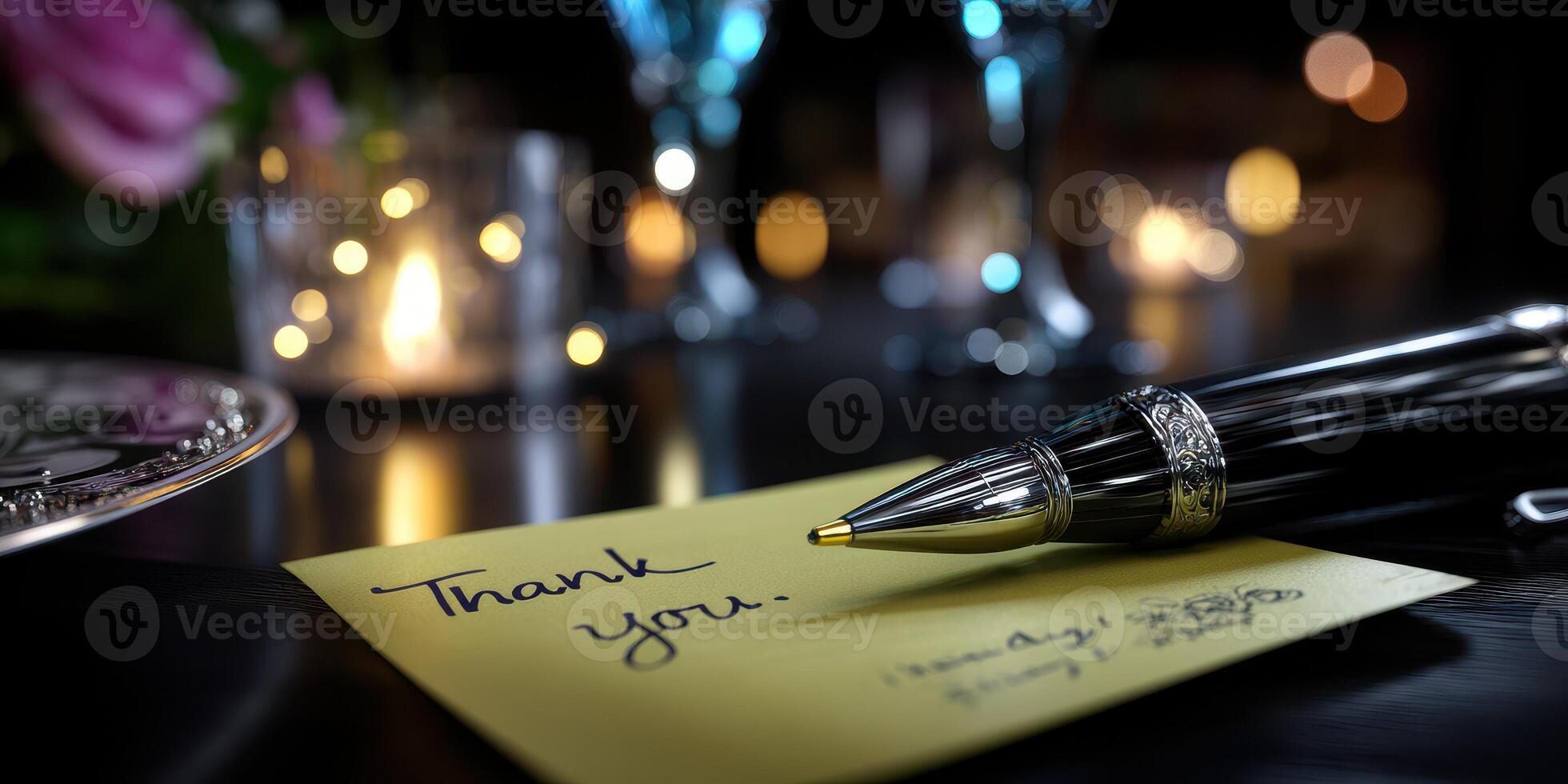 Elegant thank you note with luxury pen and romantic ambiance captured at a candlelit dinner table photo
