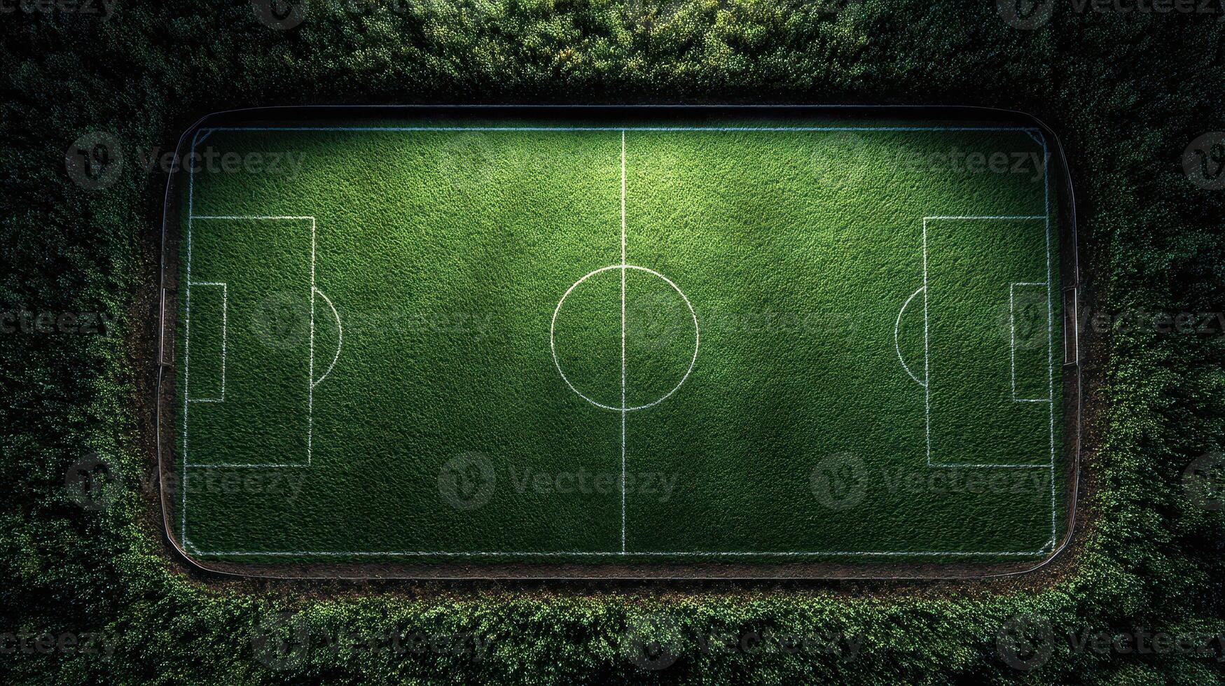 Aerial view of a lush green soccer field surrounded by dense trees in a tranquil outdoor setting photo