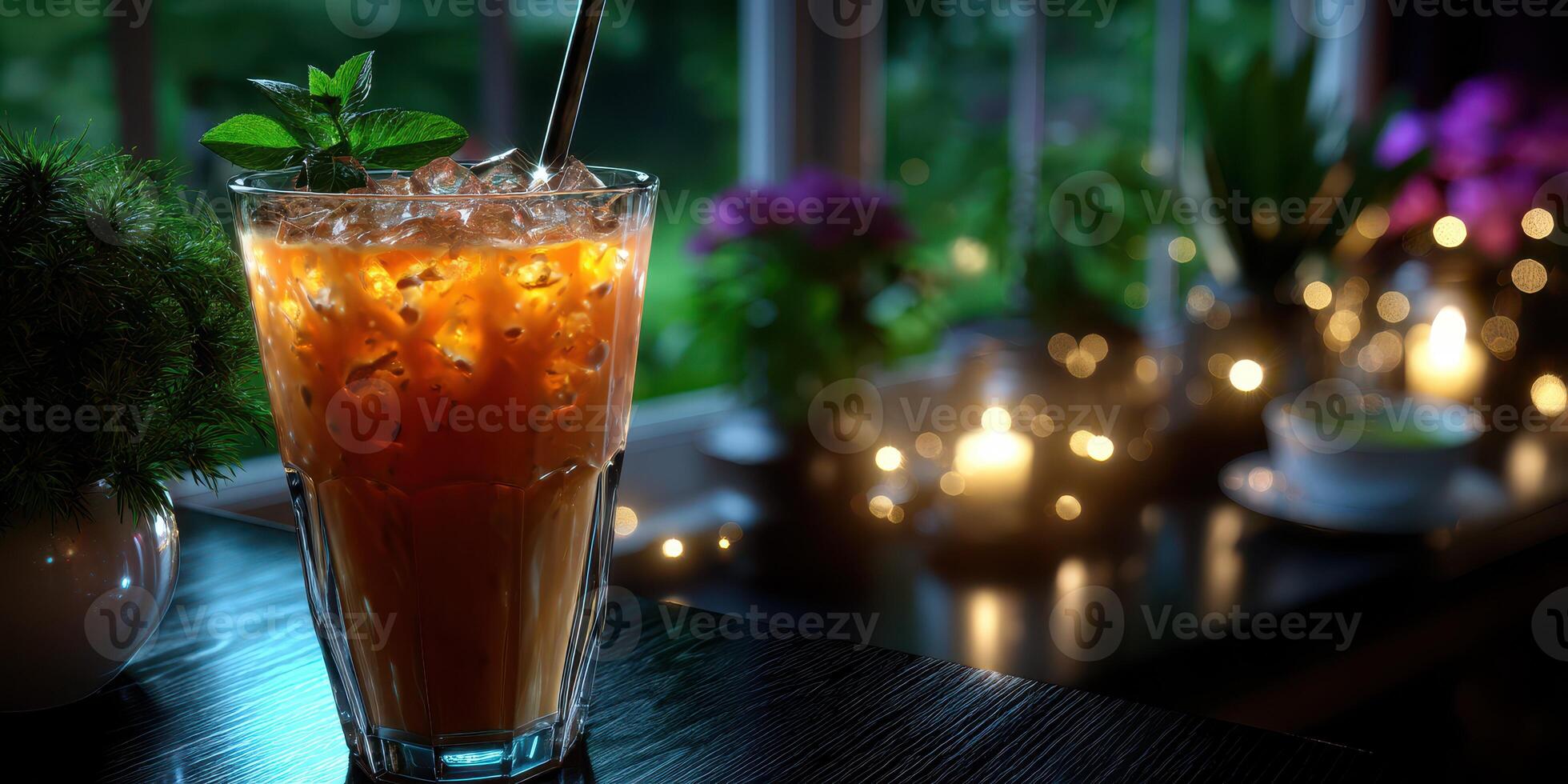 Refreshing iced beverage with mint served in a glass at twilight setting adorned with plants and soft lights photo