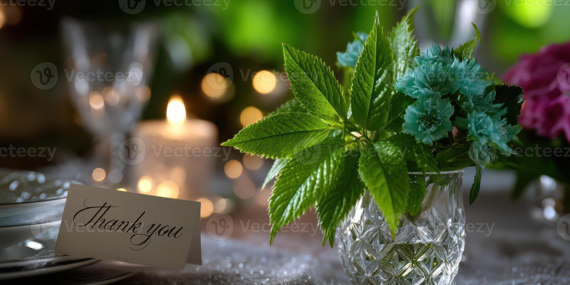 Elegant dinner table setting with flowers and candlelight during an intimate gathering at night photo