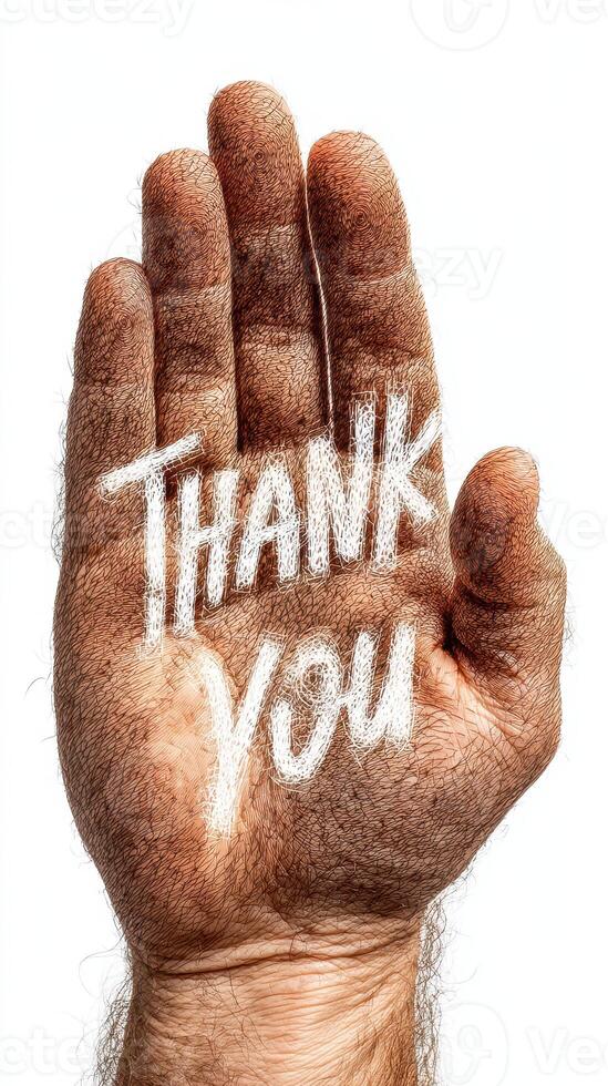 Hand displaying a message of gratitude with a scribbled thank you on the palm photo