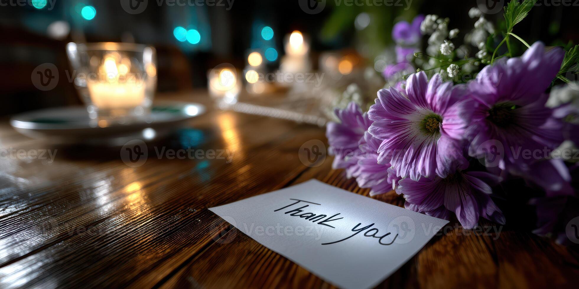 Heartfelt thank you note on a rustic table adorned with candles and fresh flowers in a cozy setting photo
