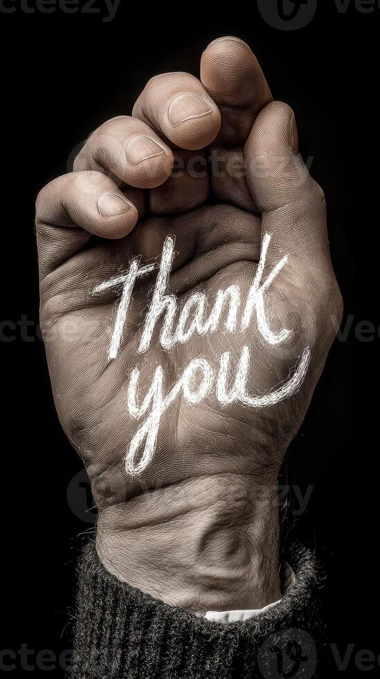 Hands expressing gratitude with the phrase thank you written on the palm in a creative design photo