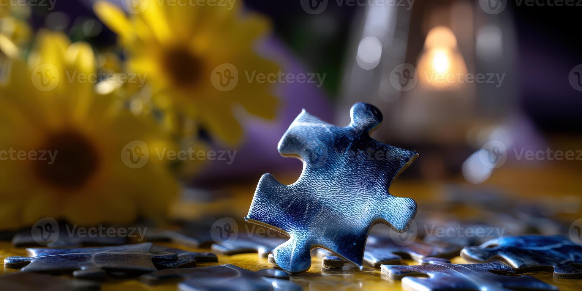 Puzzle piece surrounded by bright flowers and soft candlelight creates a serene atmosphere in a cozy indoor setting photo