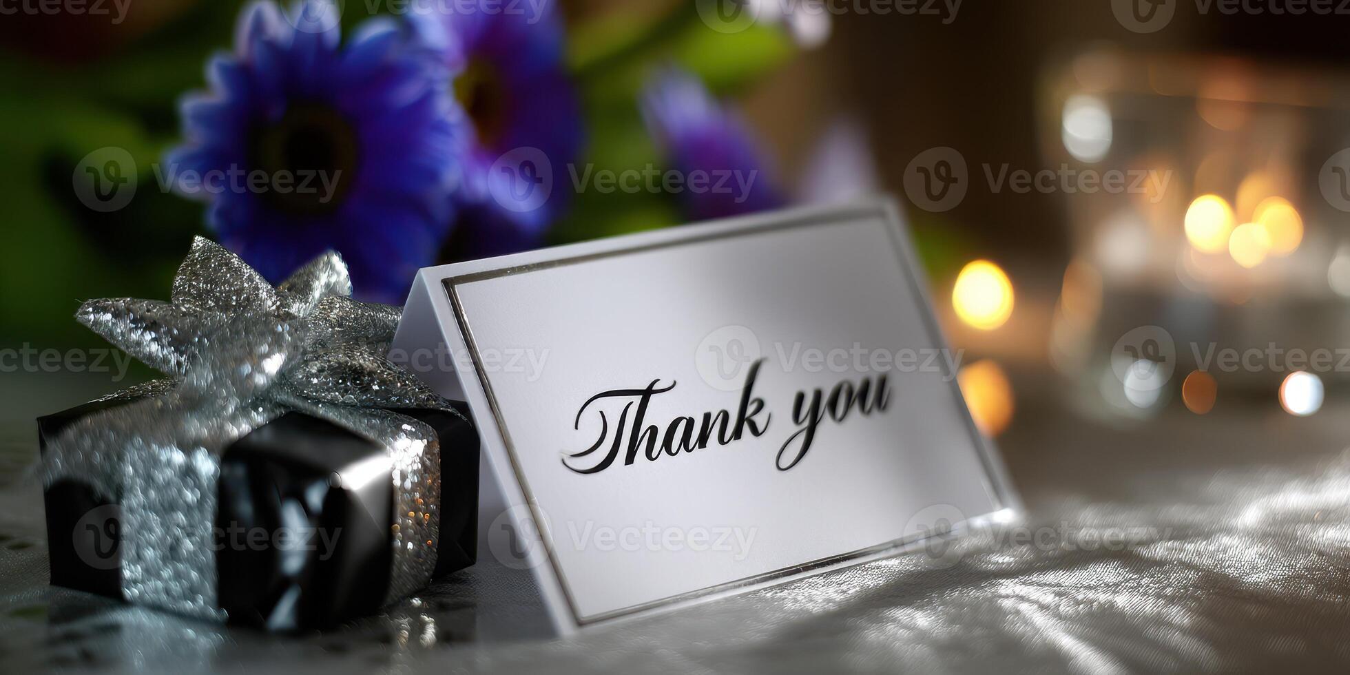 Elegant thank you card placed beside a beautifully wrapped gift and fresh flowers in a cozy setting photo