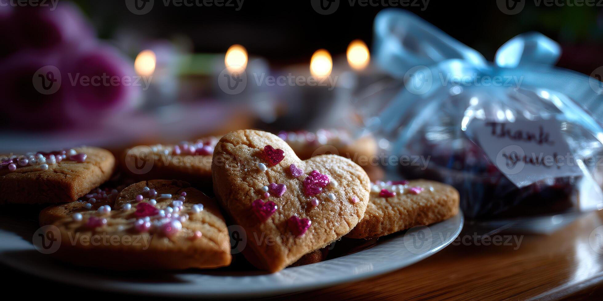 Sweet heart cookies decorate a table with candles and gifts during an evening gathering photo