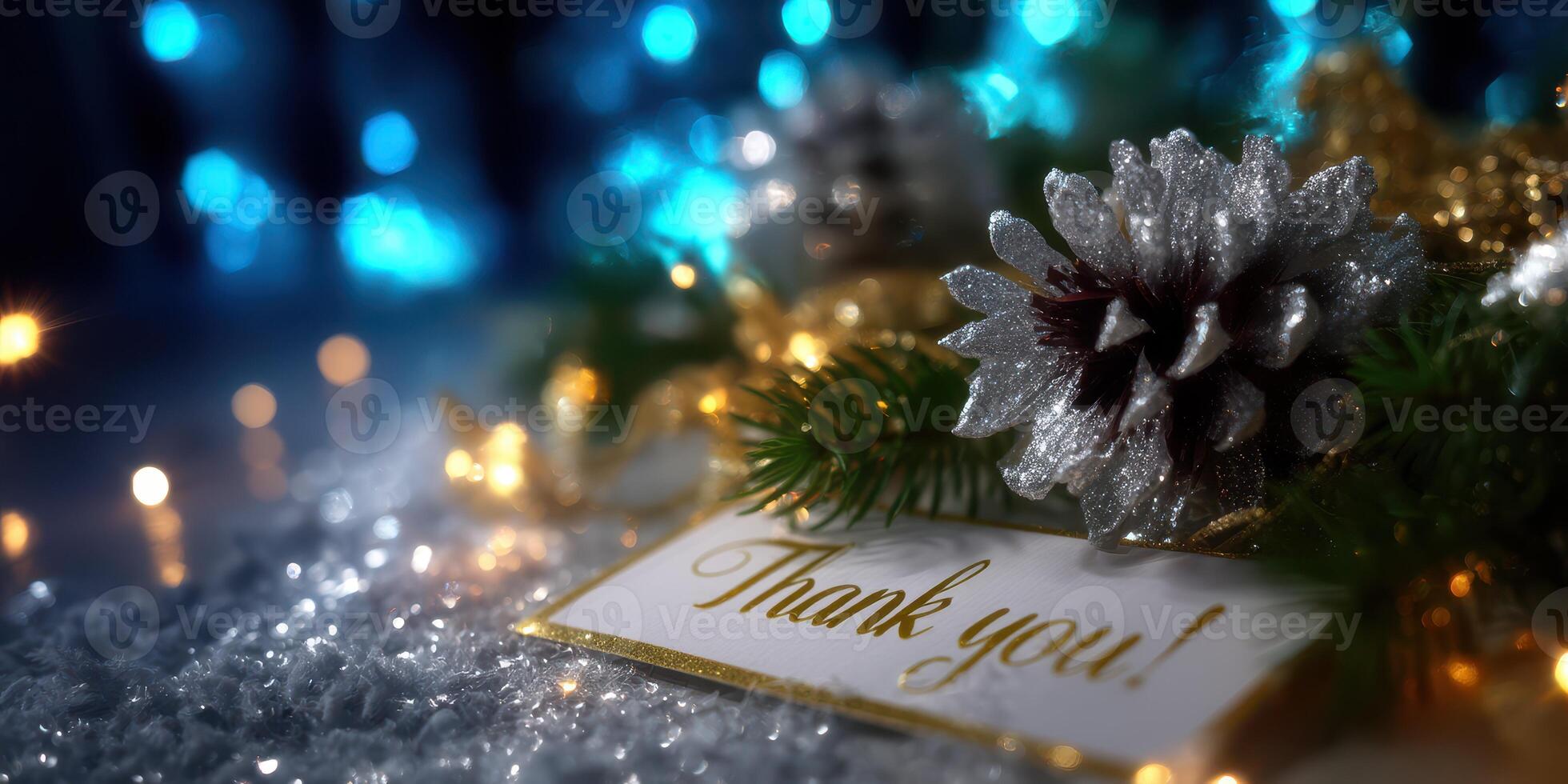 Decorative winter arrangement featuring pine cones and a thank you card with a soft blue background photo
