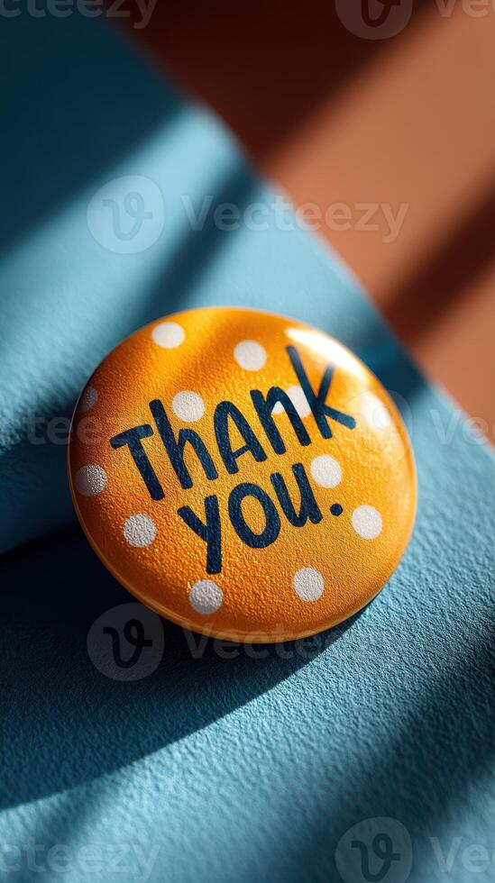 Bright orange thank you button resting on a teal surface with light and shadow play during afternoon photo