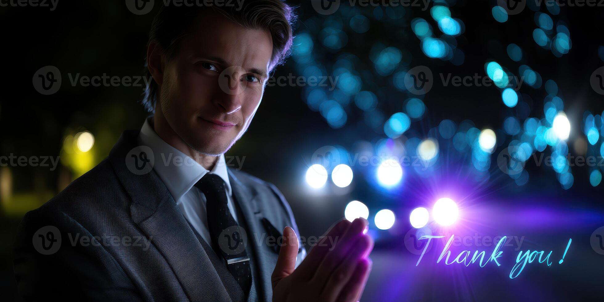 Elegant man expressing gratitude at a nighttime gathering with glowing lights in the background photo