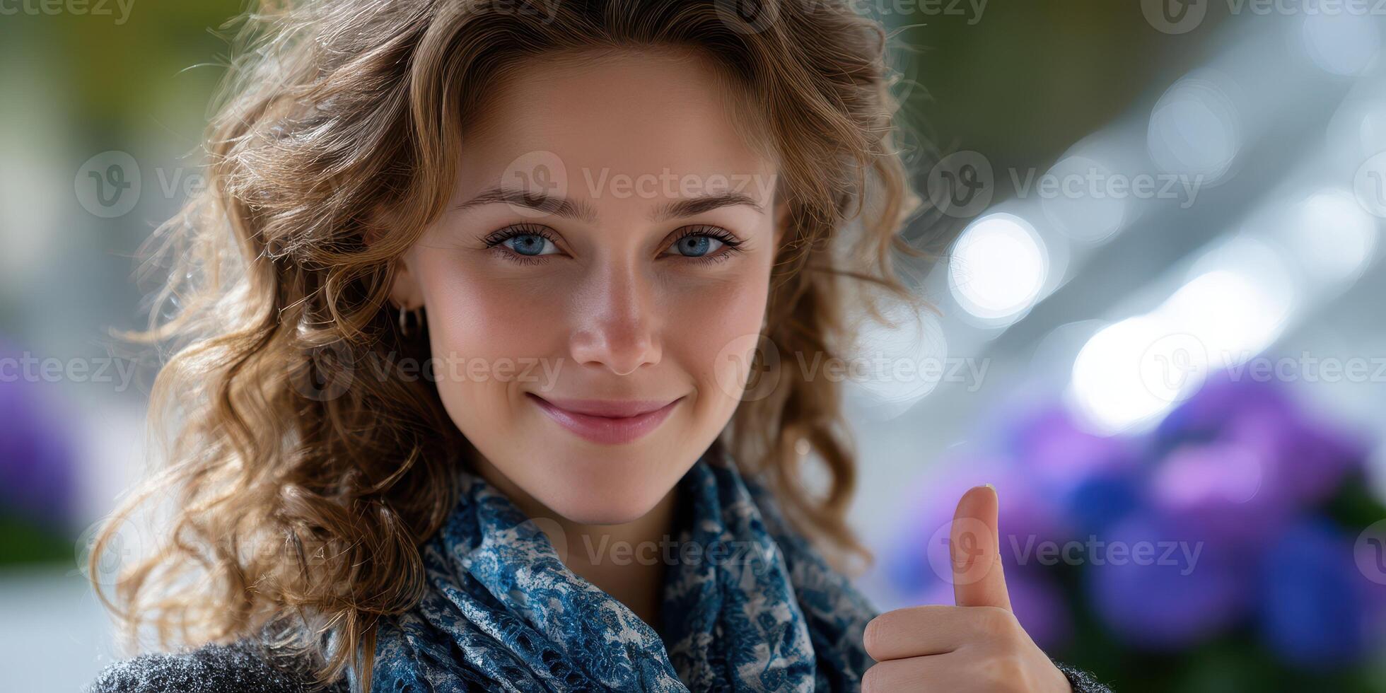 Young woman smiles and gives a thumbs up while standing outdoors surrounded by flowers on a sunny day in a vibrant setting photo