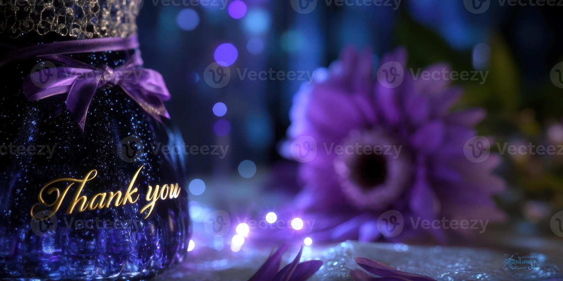 Elegant thank you jar with purple flower and soft glowing lights in a cozy setting during the evening photo