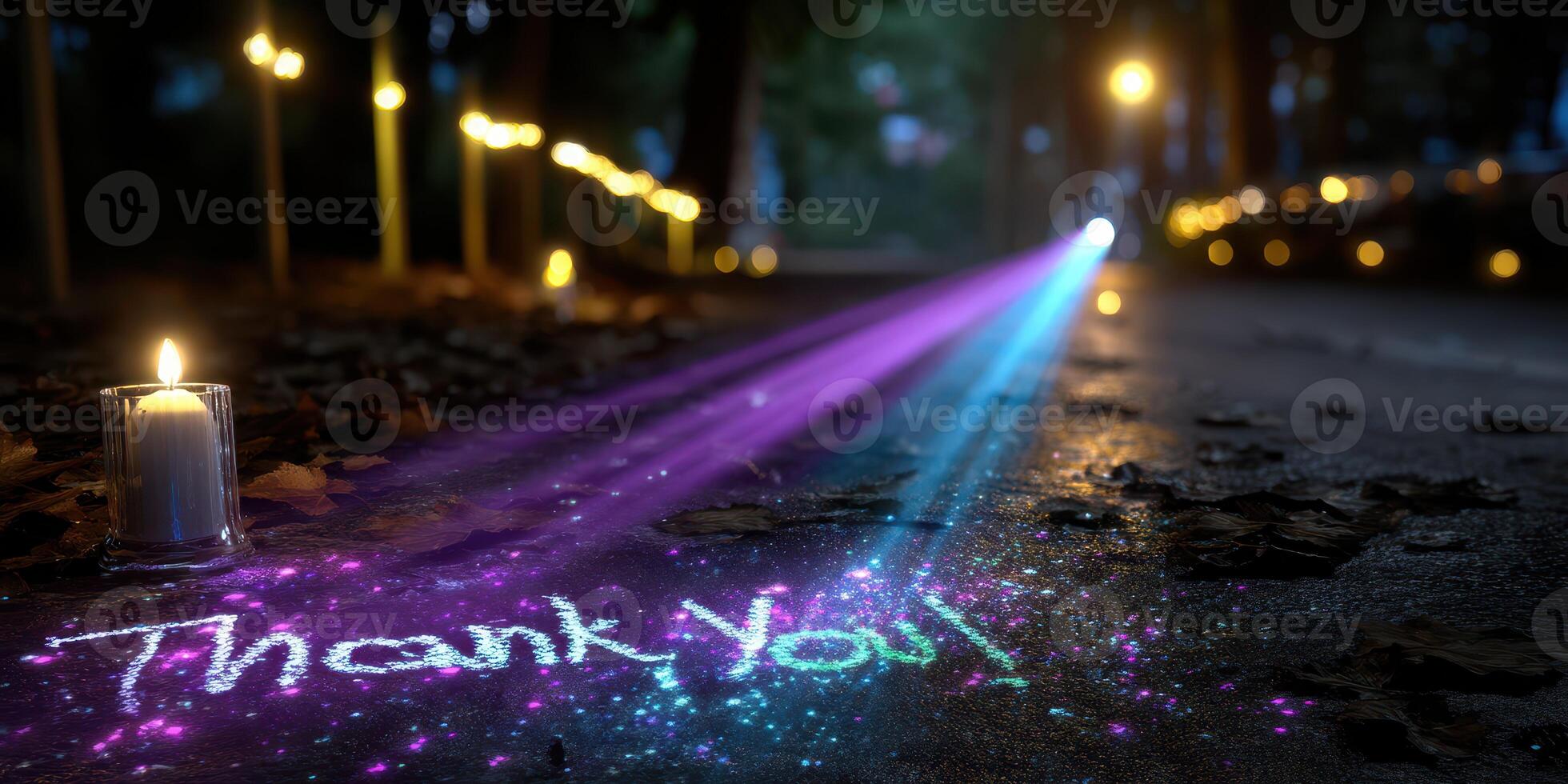 Creative light display with candles and colorful beams in a serene outdoor setting during the evening photo