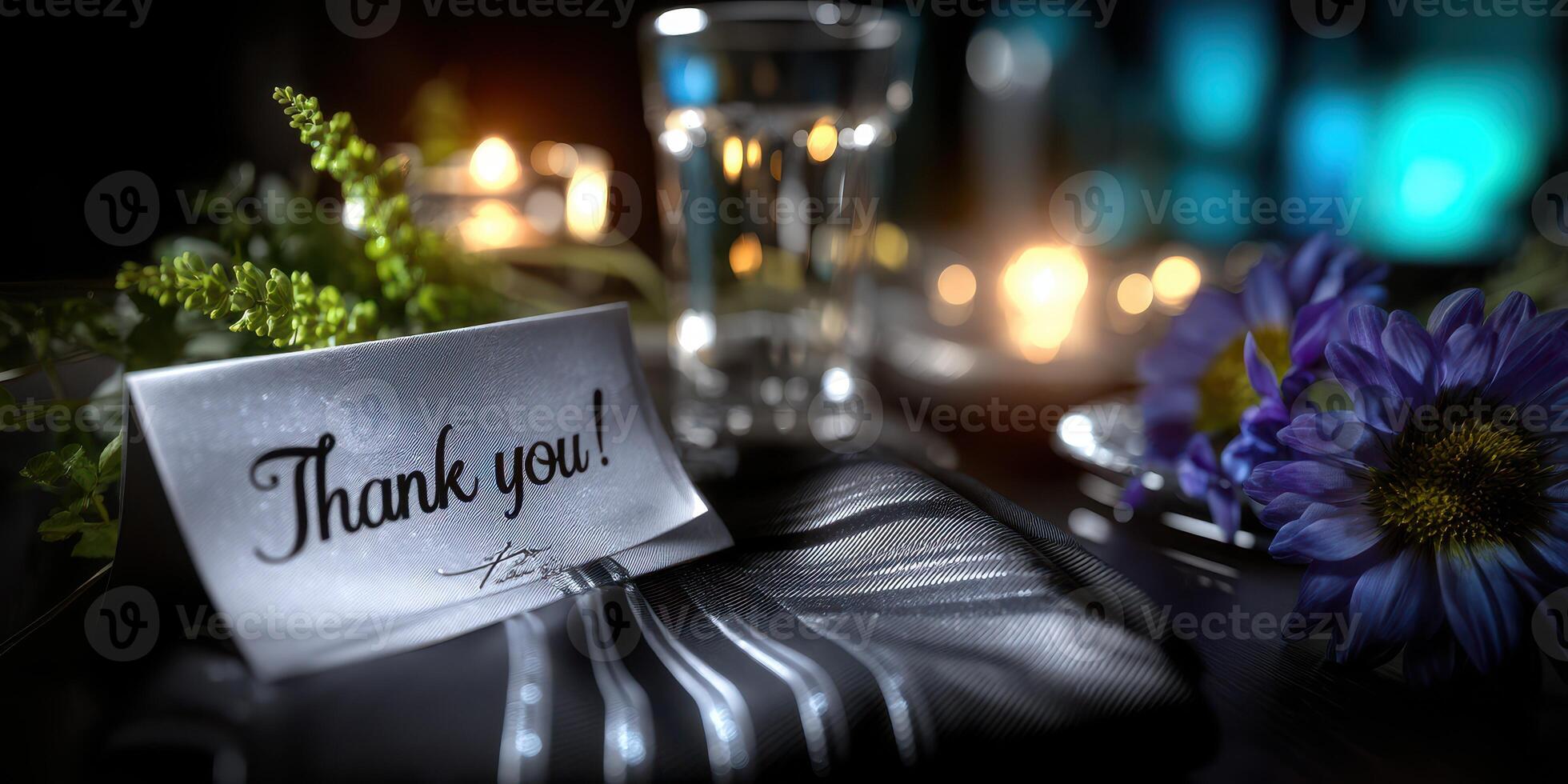 Elegant table setting with a thank you note and candles creates a warm atmosphere for an evening event photo
