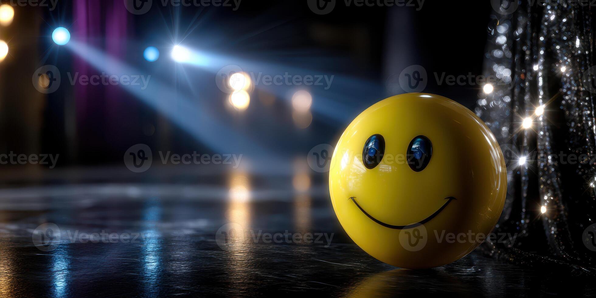 Bright yellow smiley face ball on stage with dramatic lighting during a performance at a vibrant venue photo