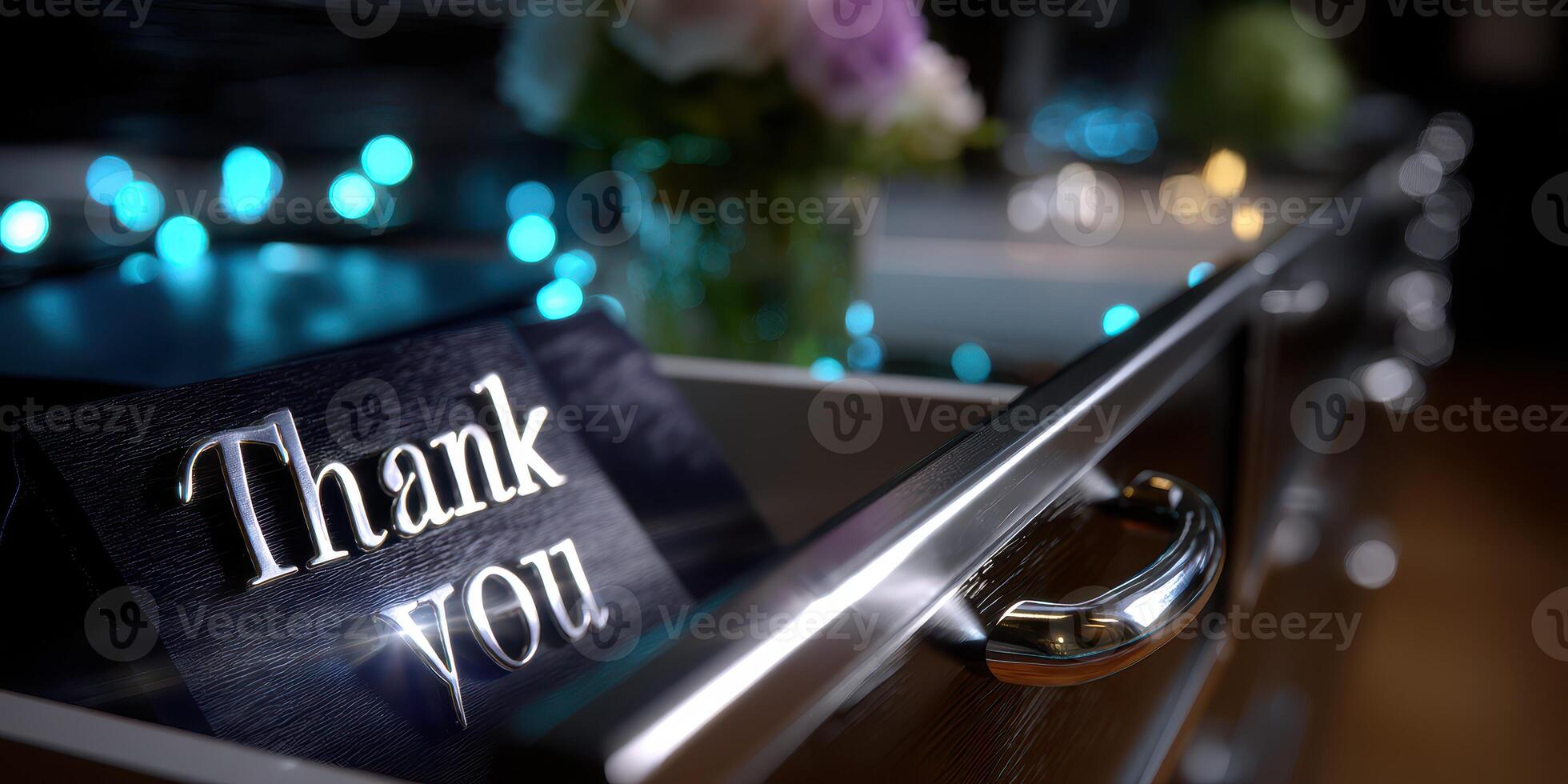 Thoughtful gesture displayed with a thank you sign beside glowing decor in a cozy indoor setting photo