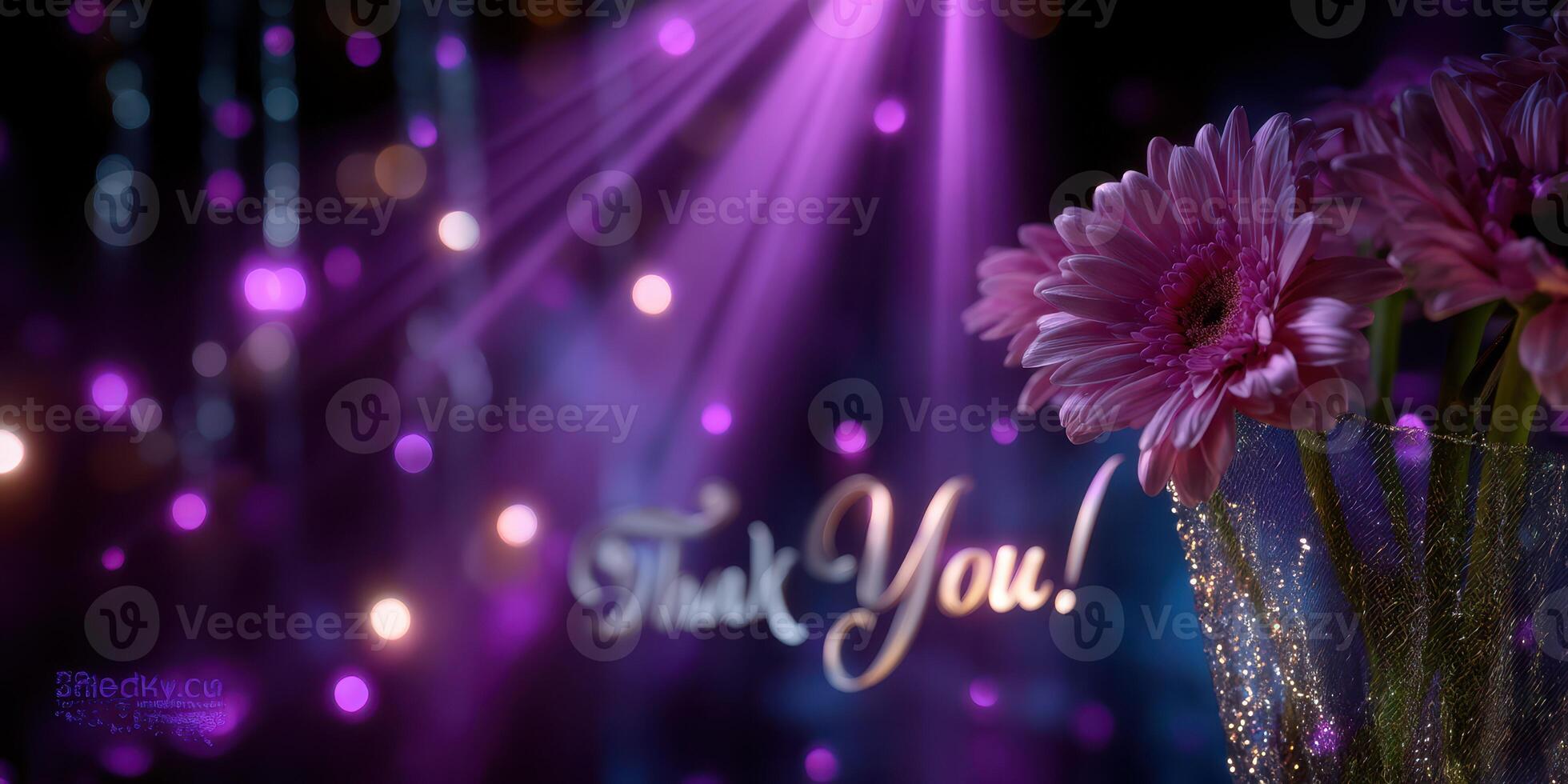 Vibrant floral arrangement with thank you message in a festive setting during an evening celebration photo