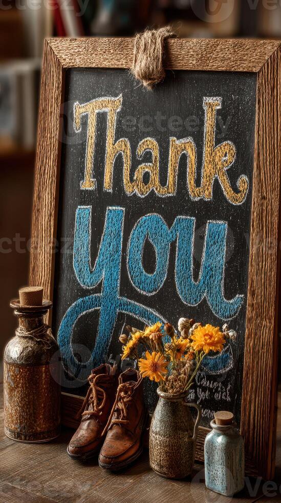 Thank you sign with vibrant lettering and decorations in cozy ambiance displays gratitude in a warm setting photo
