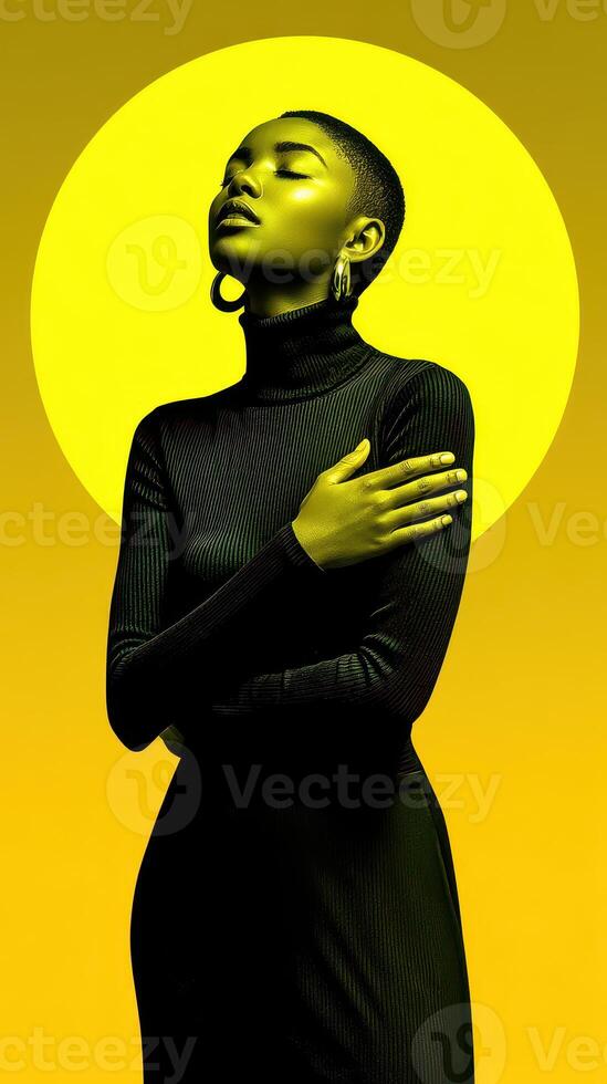 Model striking a confident pose in front of a vibrant yellow background during an artistic photoshoot photo