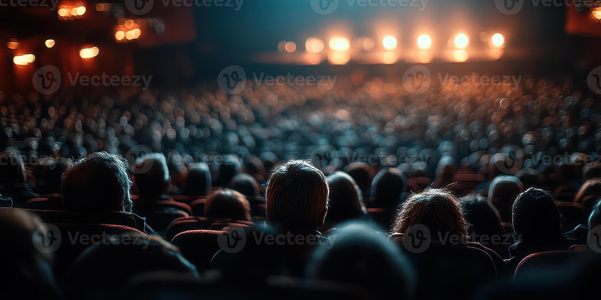 Audience watches performance in a dimly lit theater during evening show with bright stage lights photo