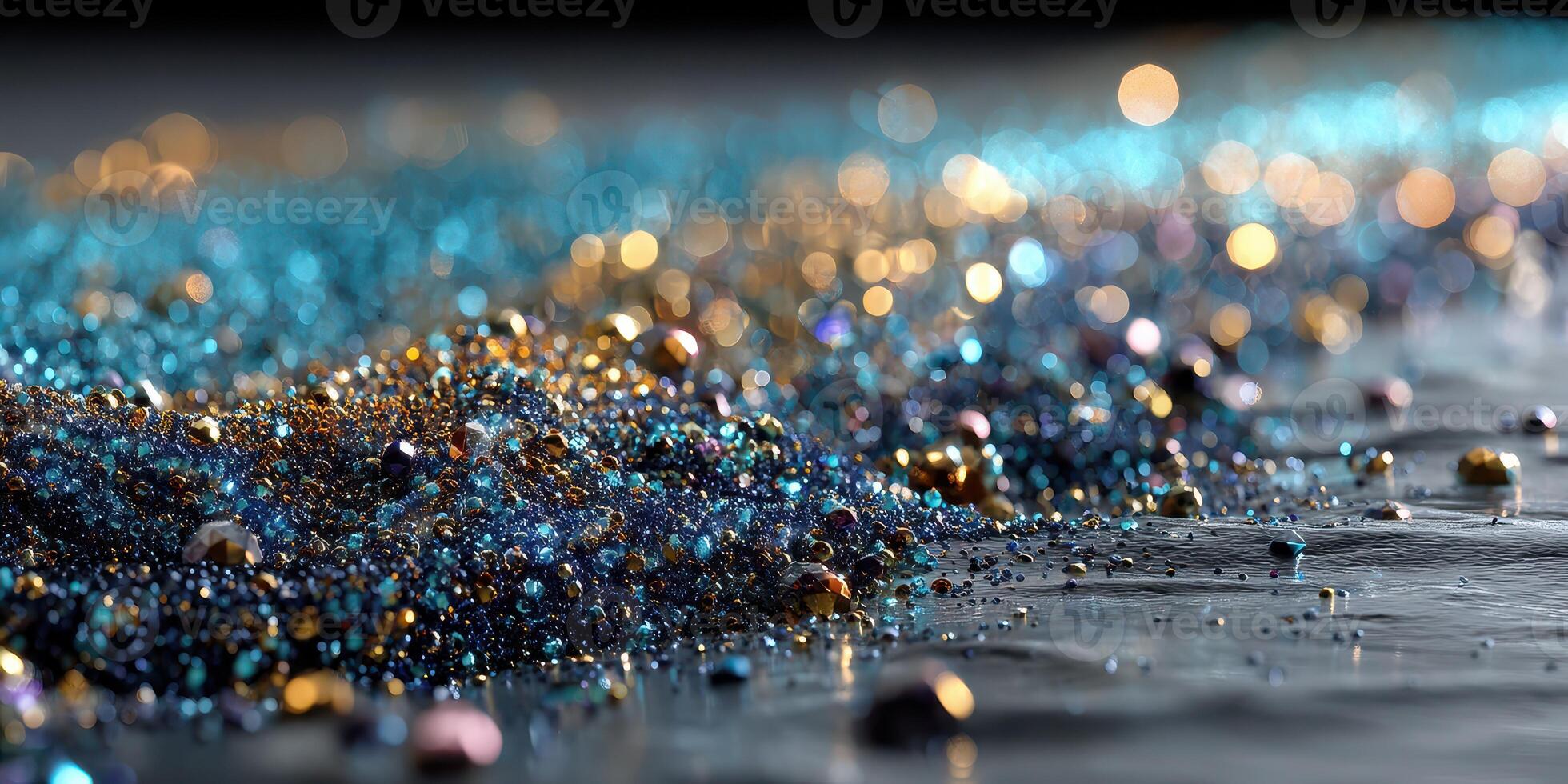 Colorful glitter particles shimmer on a dark surface in an artistic arrangement with vibrant hues and reflections photo